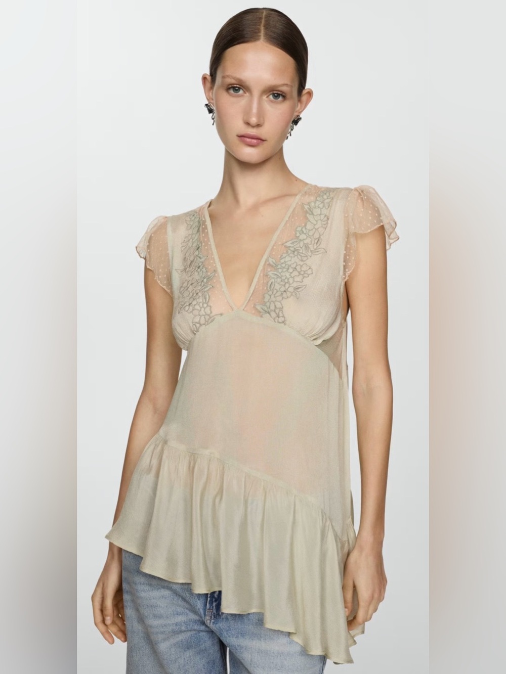 Mango Sheer Lace-Trim Ruffle Hem Top - Beige